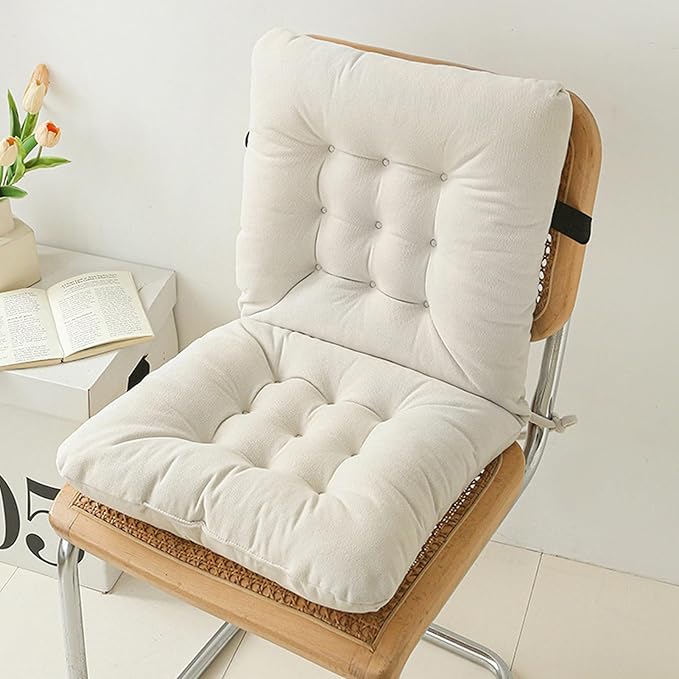 Seat Cushion with Back Support, 31.5 Inch Chenille and PP Cotton Integrated Chair Pad with Fixed Strap for Office Desk and Dining Chairs (White)