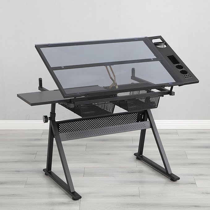 Drafting Desk with Side Shelf 0 to 75° Adjustable Tilting Drawing Desk Tempered Glass Art Table Writing Desk with Chair Stat