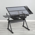 Drafting Desk with Side Shelf 0 to 75° Adjustable Tilting Drawing Desk Tempered Glass Art Table Writing Desk with Chair Stat