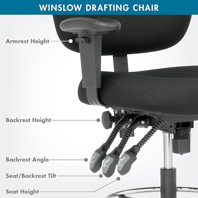 Studio Designs Winslow Drafting Work Chair with Foot Rest - Adjustable Height Chair - Contoured for Desk or Drafting Table