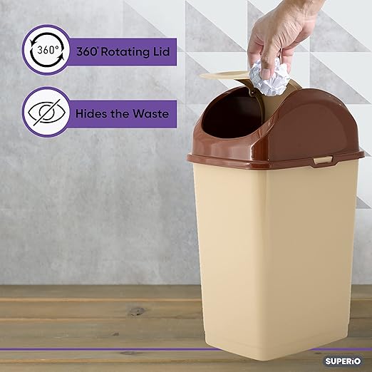 Superio Medium Trash Can with Lid 4.5 Gallon Plastic Swing Top Garbage Can Slim Waste Bin for Under Sink/Cabinet, Laundry Room, Kitchen, Office, Bedroom, Bathroom, College Dorm, 18 Qt, Beige, 2