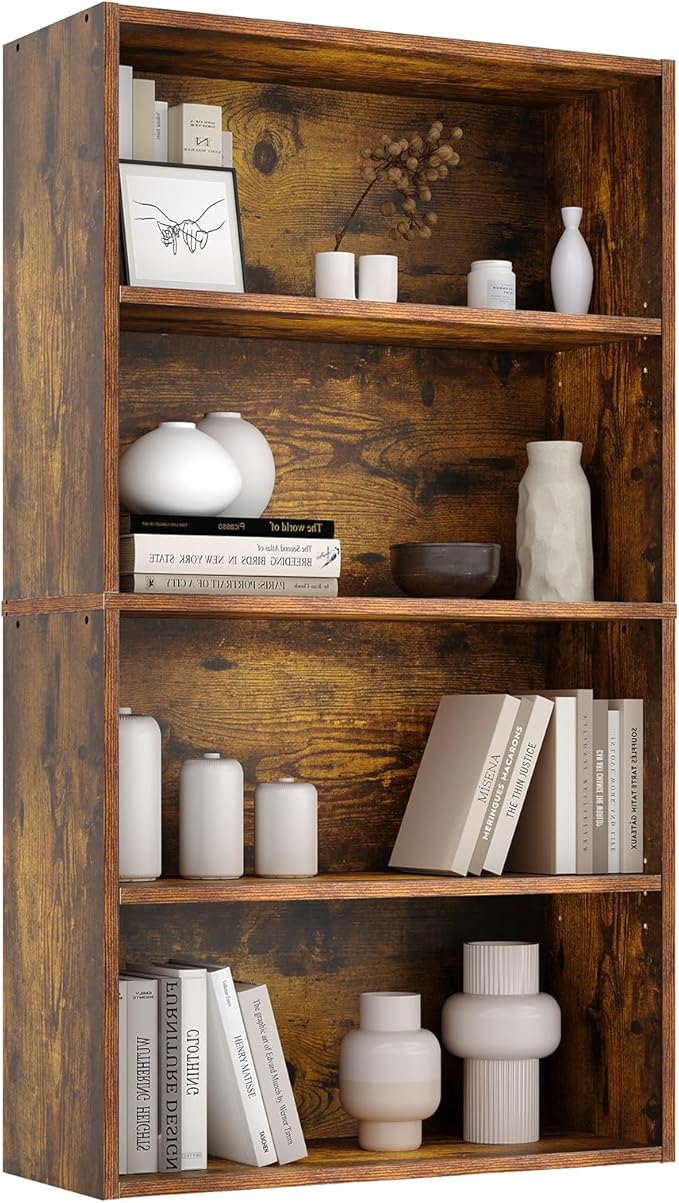 Sweetcrispy Industrial 4 Shelf Bookcase - Large 42.1 Inch Tall Floor Standing Open Bookshelf for Home Office, Living Room, and Bedroom Storage, Classic Brown