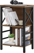 MNEETRUNG Small Bookshelf,3 Tier Industrial Bookcase with Metal Frame and Backboard,Low Rustic Brown Book Shelf,Book case for Small Spaces,Living Room,Bedroom and Home Office