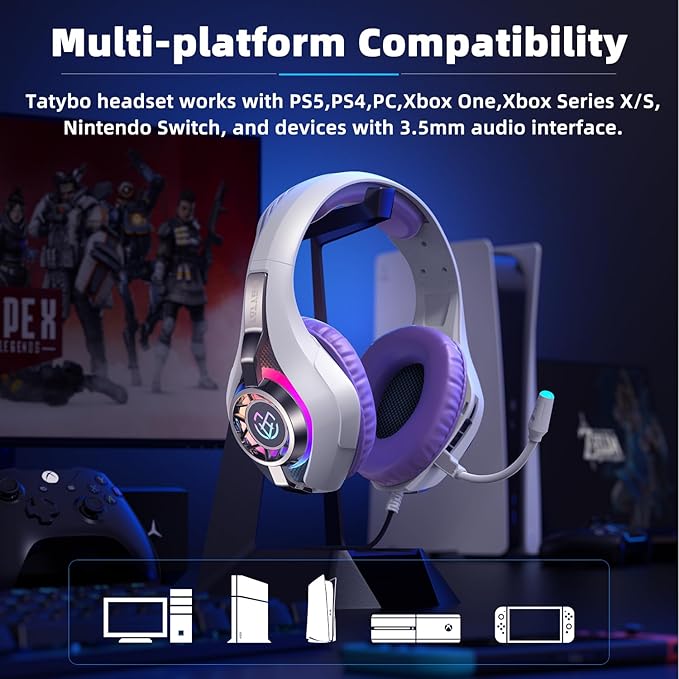 Tatybo Gaming Headset for Ps4 Ps5 Switch PC Mobile Xbox with Noise Canceling Mic, Wired Gaming Headset with RGB Light, Stereo Surround Sound