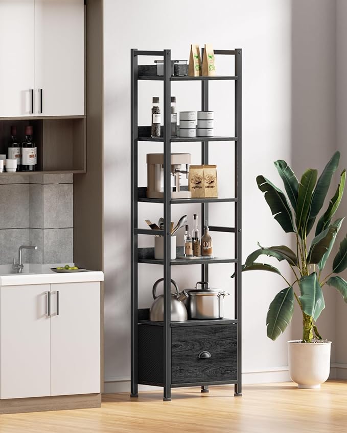 Furologee 6 Tier Bookshelf, Tall Shelf with Drawer, Wood and Metal Bookshelves Storage Organizer, Industrial Display Shelving Unit for Bedroom, Living Room, Home Office, Black Oak