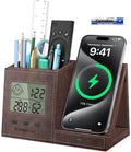 Pen Holder for Desk, Desk Organizer with Wireless Charger, Built in Digital Indoor Thermometer and Humidity Monitor, Multi-Functional Pencil Organizer for Home Office Supplies, Brown