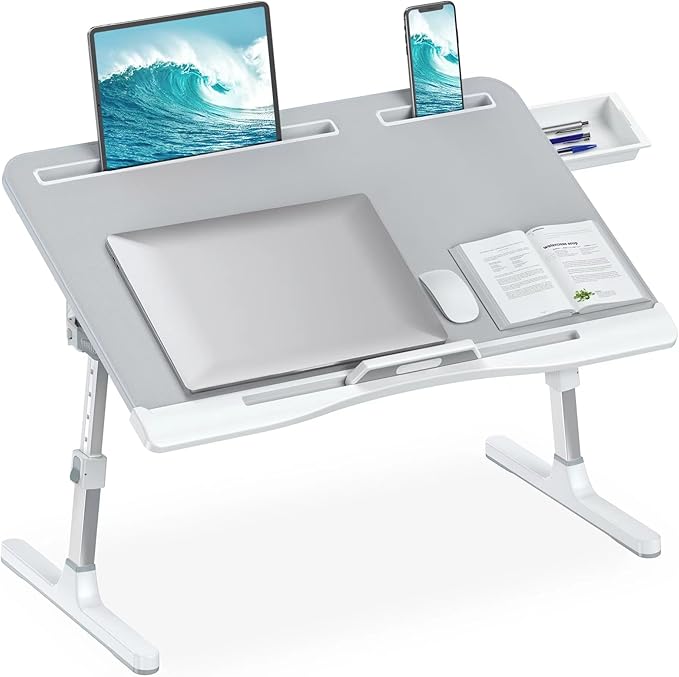 HETTHI Laptop Desk for Bed, Adjustable Bed Table with Leather Desktop, Foldable X-Large Laptop Bed Trays with Drawer for Bed Couch Floor Writing Working Reading Eating Painting (Gray, 23.6"×15.7")