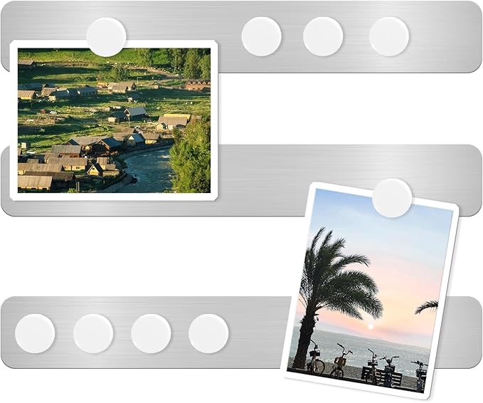 Magnetic Bulletin Board Magnet Board, Frameless Stainless Metal Board Strip, Magnetic Strips with Adhesive Backing Small Memo Display Board with 10 Pcs White Magnet, for Kitchen Office (3 PCS)
