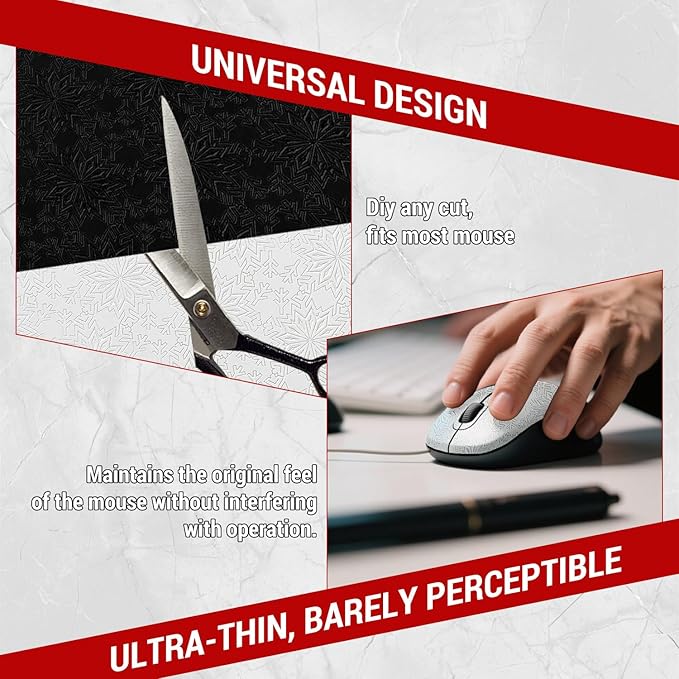 BOROLA DIY Adhesive Universal Mouse Anti-Slip Snowflake Grip Tape, Cut Sweat-Absorbing Ultra-Thin 0.3mm Non-Slip Gaming Mice Skins Stickers for Any Brand(2PCS Black+White, 12x11.5cm/4.7x4.5in)