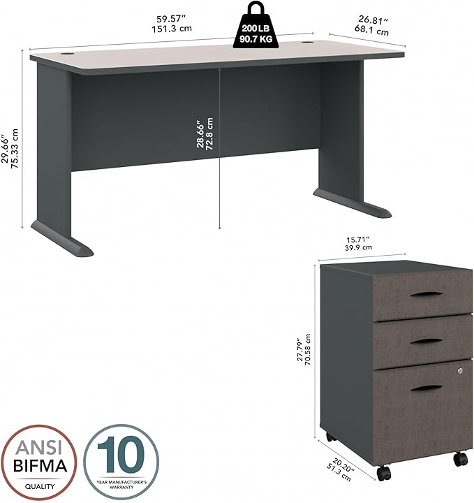Bush Business Furniture Series A 60W Desk with Mobile File Cabinet in Slate and White Spectrum