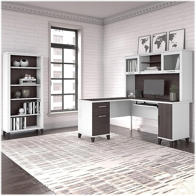 Bush Home Somerset 60W L Shaped Desk with Hutch and 5 Shelf Bookcase in White and Storm Gray