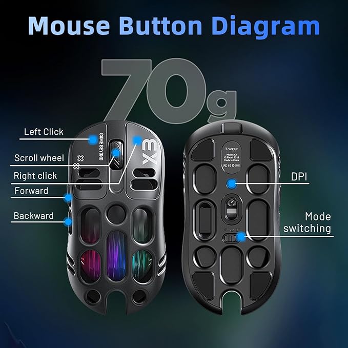 X3 Wireless Gaming Mouse with 70g Lightweight Hollowed Out Design – 12,000 DPI PAW 3311 Sensor, 6 Programmable Buttons, Support Wired/2.4GHz/BT for PC/Mac/Gamer (Black)