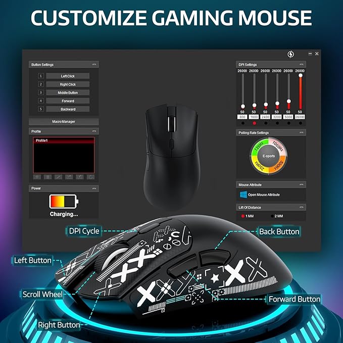 ATTACK SHARK R1 Wireless Gaming Mouse,Tri-Mode Connection (2.4G/Wired/BT5.2),55g Lightweight,18K DPI Optical Sensor,HUYU 20 Million Key Life,Ergonomic Design,for PC/Laptop/Win/Mac(Black+Sticker)