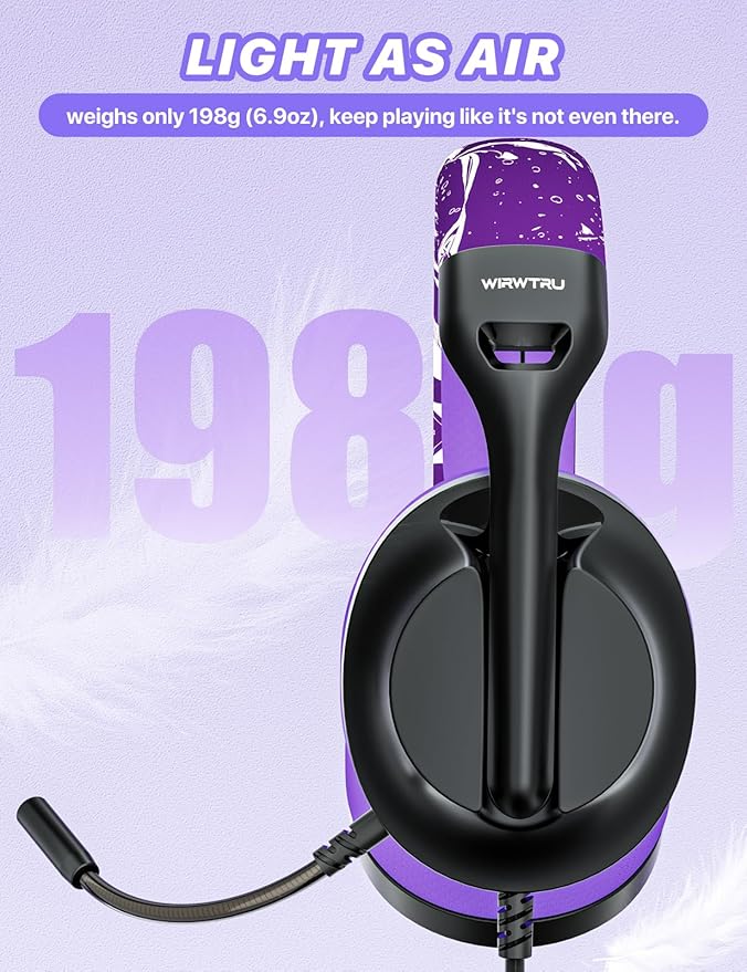 WIRWTRU S30 Gaming Headset with Microphone,198g Lightweight Design, Wired Gaming Headphones for Xbox, Xbox Series X|S, PS5, PS4, Switch, PC, Noise Cancelling Mic, Soft Earmuffs (Purple)