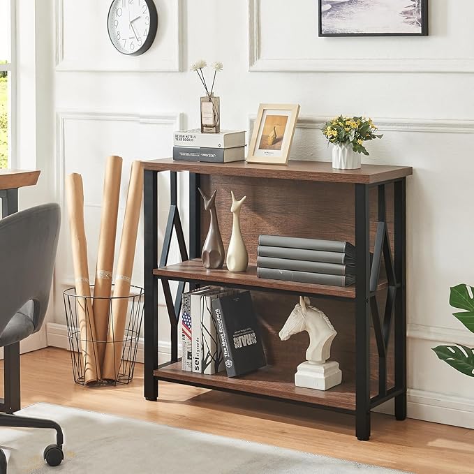 HOMISSUE Bookshelf, 3-Tier Rustic Small Bookcase, Industrial Shelf Bookshelf with Engineered Wood Shelves, Low Bookcase with Storage, Small Shelf for Living Room, Bedroom and Office, Rustic Brown