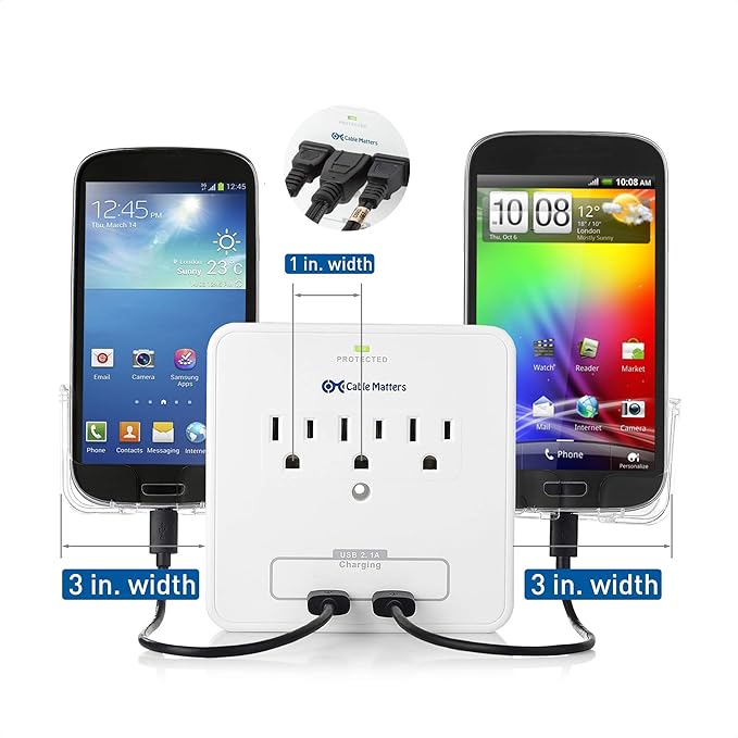 Cable Matters 3 Outlet Wall Mount Surge Protector with USB Charging and 3 Inch Wide Slide-Out Smartphone Holders White