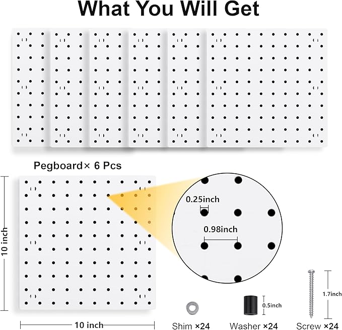 6Pcs Peg Board, Peg Board Wall Organizer Panels, White Pegboard Wall Mount, ABS Pegboard for Craft Room Garage Kitchen Workshop, ABS Peg Boards Easy Installation (White)