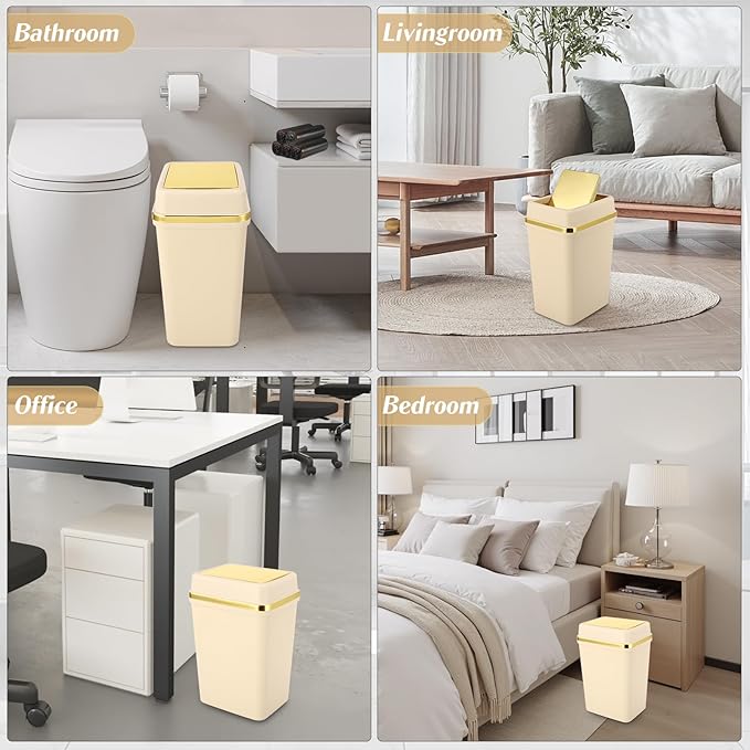 Bathroom Trash Can with Lid 4 Gallon Small Trash Can with Swing Lid Black/White/Beige Bathroom Garbage Can with 225 Counts Trash Bags for Kitchen Bedroom Office