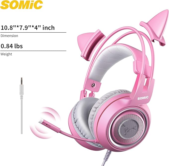 SOMIC G951s Pink Stereo Gaming Headset with Mic for PS4,Xbox,PC,Mobile Phone,3.5mm Noise Reduction Cat Ear Headphones Lightweight Over Ear Headphones for Woman