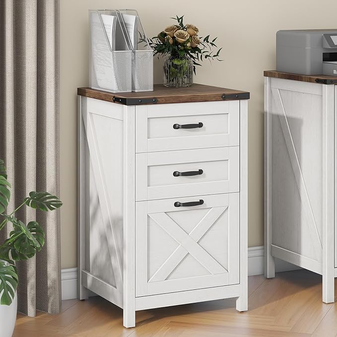 Vabches Vertical File Cabinet with 3 Drawers, Wooden Farmhouse Filing Cabinet for Letter/A4 Size Hanging Files, Under Desk Printer Stand with Storage for Home Office, Rustic White