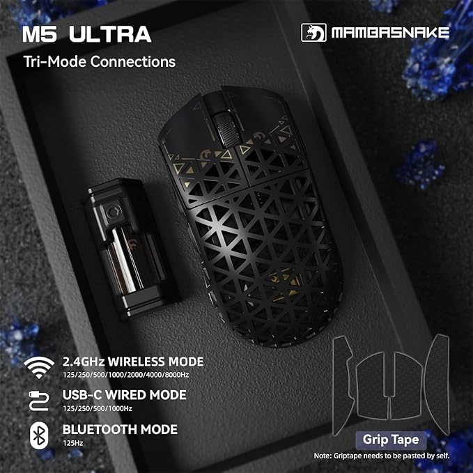 MAMBASNAKE M5 Ultra Carbon Fiber 8000Hz Wireless Gaming Mouse, 39g Superlight, 42000DPI, PAW3950MAX Sensor, Nordic 52840 Chip, Bluetooth/2.4G/USB-C Wired Mice with Coiled Cable for PC/Mac (Black)