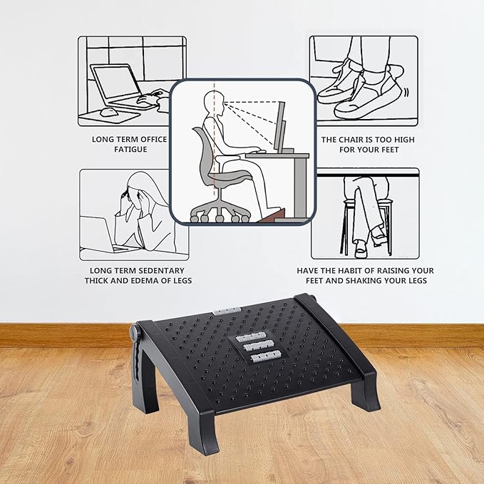 Foot Rest, Adjustable Height Foot Rest for Under Desk at Work, Ergonomic Foot Stool Under Desk for Office, Under Desk Footrest with Large Roller Massage, Comfortable Foot Stool for Pressure Relief