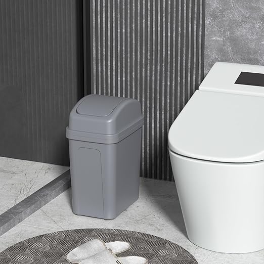 1.8 Gallon Plastic Swing Top Lid Trash Can, Small Waste Bin with Swing Lid, Grey