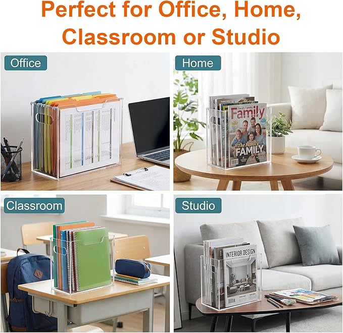 Acrylic File Organizer, 12.2 x 3.5 x 9.6 Inch Clear Hanging Folder Organizer with Handle Lightweight Slim Desktop File Storage for School, Office, Home