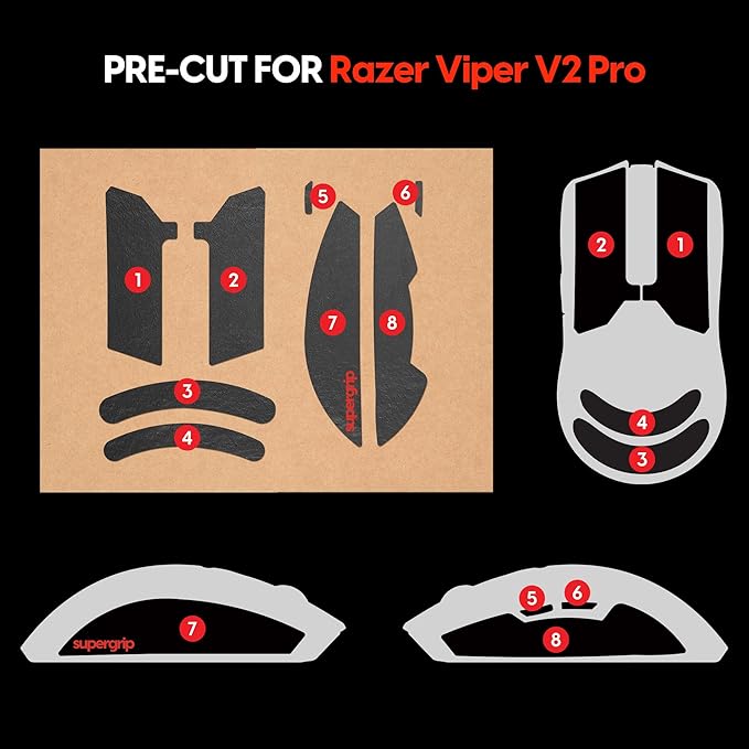 Pulsar Gaming Gears SUPERGRIP Griptape Set for Razer Viper v2 Pro Sweat Absorbing High Performance Anti Slip 3M Adhesive no Residue Mouse Grip Tape Ultra-Thin 0.5mm (0.02in)