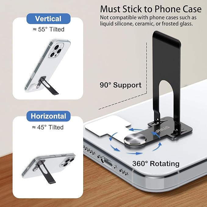 Phone Slim Stand Thin Kickstand, Ultra Thin Vertical Horizontal Universal Steel Metal Stable Mount Attachable Pocket Friendly Phone Holder for iPhone Samsung Phone Case (Black 1-Pack)