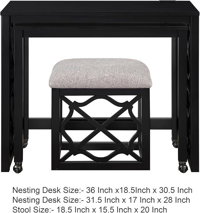 Benzara Syna 3 Piece Nesting Desk and Stool Set, Black Wood, Gray Polyester