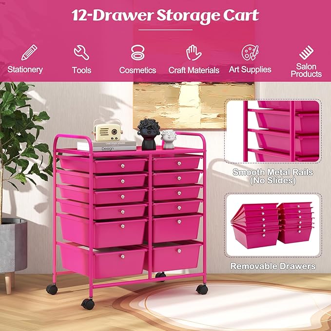 Moccha 12-Drawer Rolling Storage Cart - Utility Cart on Wheels with Lockable Casters for Craft Art Supply Paper Salon, Mobile Drawer Carts for Classroom Teacher School Office (Hot Pink)