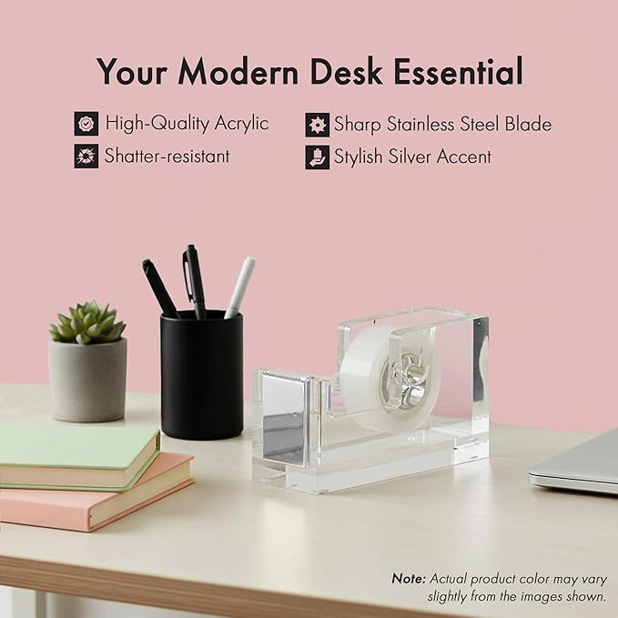 OfficeGoods Acrylic Tape Dispenser – Modern Desk Organizer for Office Supplies, Heavy Duty Refillable Tape Holder for Home and School Crafting, Stylish Desktop Accessory for Gift Wrapping, Silver