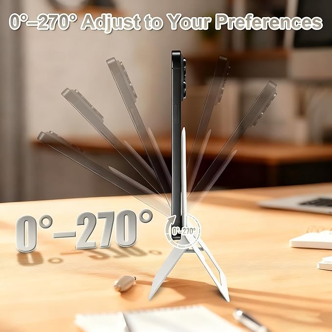 Magnetic Phone Stand, Compatible with All Smartphones 17/16/15/14/13/12 Series, Slim PU Leather Desk Stand with Angle Adjustment, Portable & Includes 1 Strong Magnetic Ring for Any Phone (White)