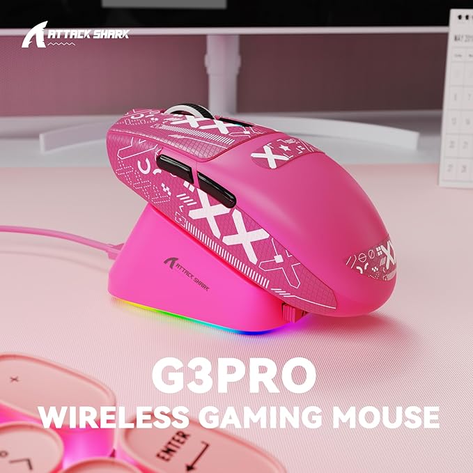 MAMBASNAKE ATTACK SHARK G3PRO Wireless Gaming Mouse with RGB Magnetic Charging Dock,Tri-Mode-2.4G/USB-C Wired/BT, 25K DPI,PAW3311 Optical Sensor,59g Ultra Lightweight,Slip Grip Tape for PC/Mac(Red)