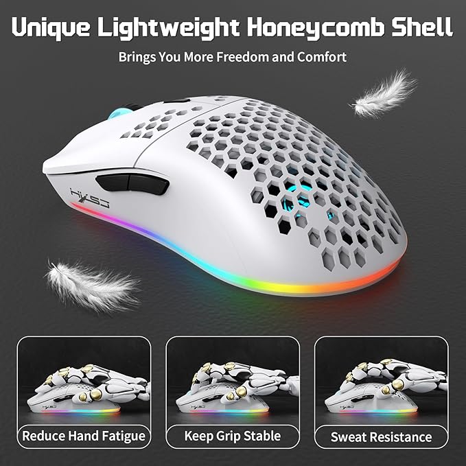 FREEWOLF X HXSJ T66 Wireless Gaming Mouse Tri-Mode Superlight Honeycomb Design PAW3212 3600DPI Sensor 1000Hz Polling Rate Bluetooth/2.4Ghz/Wired Ergonomic PC Mice RGB Light Programmable Buttons-White
