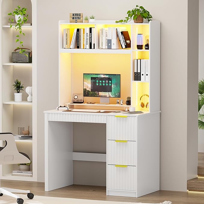 WOOVIVS Home Office Desk with Hutch & LED Lights - 39" Computer Desk with Charging Station, 3 Large Drawers, Hidden Compartment & Fluted Panel Design,White Writing Desk for Bedroom, Study