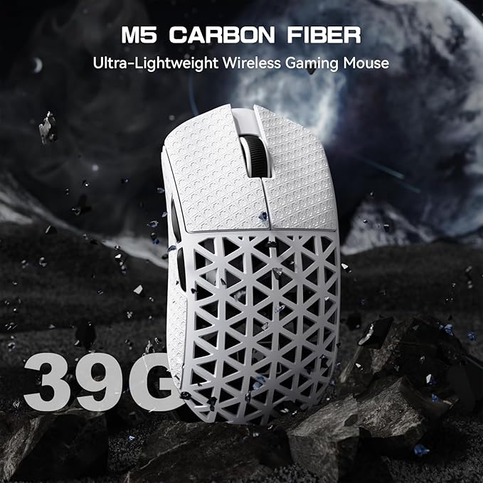 MAMBASNAKE M5 Ultra Carbon Fiber 8000Hz Wireless Gaming Mouse, 39g Superlight, 42000DPI, PAW3950MAX Sensor, Nordic 52840 Chip, Bluetooth/2.4G/USB-C Wired Mice with Coiled Cable for PC/Mac (White)