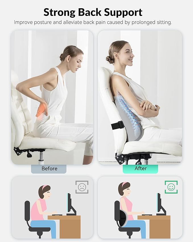Snailax Lumbar Support Pillow for Office Chair, Memory Foam Back Support Cushion for Back Pain Relief, Back Support Pillow for Home, Office, Car Seat, Gaming Chair, Desk Chair,Adjustable Straps,Gifts