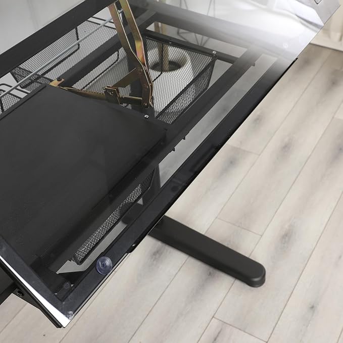 Glass Drafting Table Art Desk – Adjustable Professhional Artwork Drawing Drafting Table Desk, Glass-Topped Art Table for Craft Station Studio Home Office School w/Drawers (Black-Upgraded)