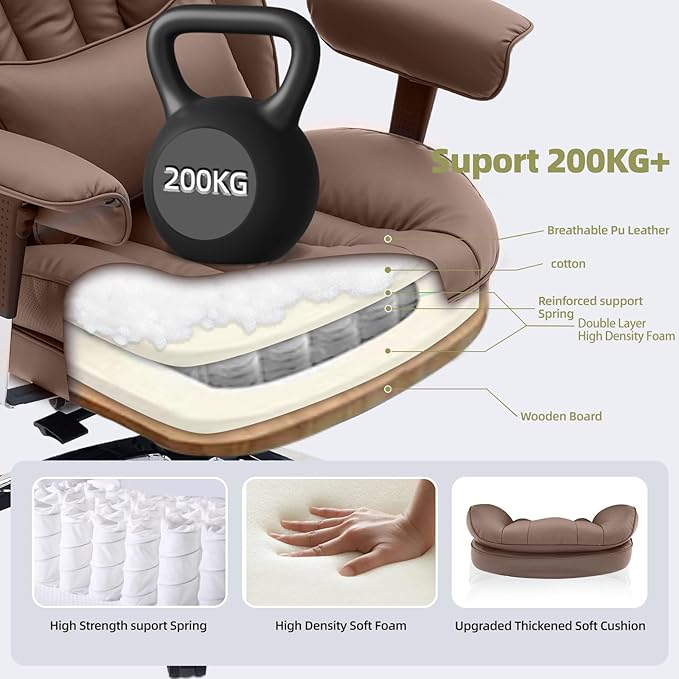 Efomao Desk Office Chair, X-Embroidery Big and Tall PU Leather Home Chair, Adjustable High Back Computer Gaming Chair, 200kg Swivel Executive Office Chair with Footrest and Lumbar Support, Brown