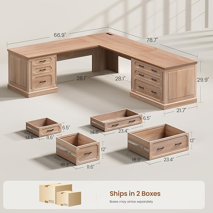 SEDETA Farmhouse 78.7" Executive L Shaped Desk with 6 Drawers, Home Office Desk with Power Outlet, File Cabinet Storage, Wood Corner Computer Desk for Work and Study, Oak