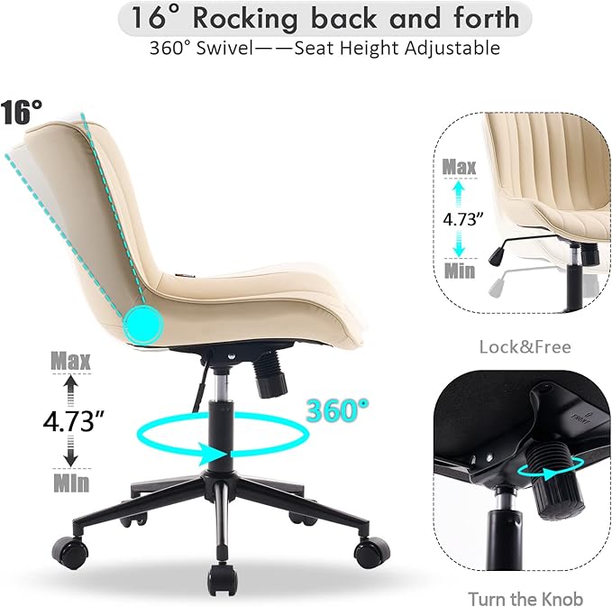 YOUNIKE Beige Office Desk Chair with Wheels Swivel Comfy Armless Vanity Chair with Back Modern Leather Upholstered Rolling Computer Task Chair Small Cute Drafting Sewing Chair No Arms Adjustable