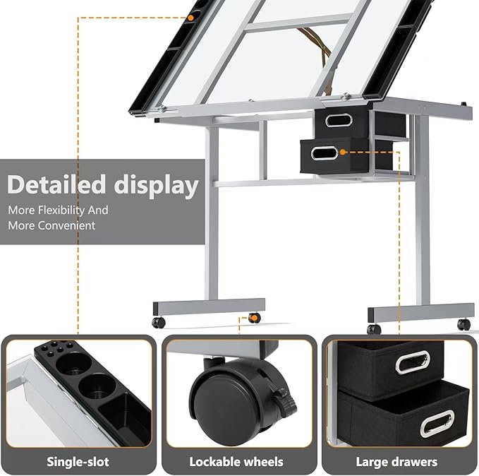 OS MOTOR Adjustable Drafting Table with Glass Top, Art Craft Desk with Slide-Out Drawers, Rolling Wheels, Storage, for Drawing, Writing, Painting, and Creative Tasks, Ideal for Home Office