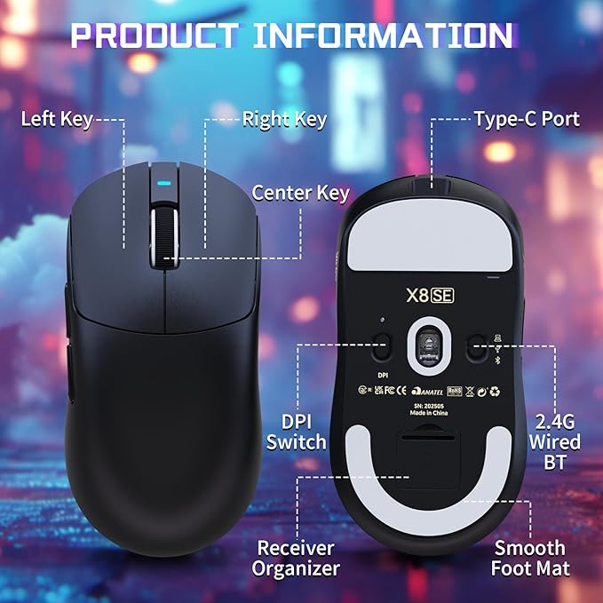 ATTACK SHARK X8SE Wireless Gaming Mouse,Adjustable 25K DPI PAW3311 Optical Sensor,Ergonomic 59g Lightweight,Triple Modes 2.4G/BT/USB-C Wired,500mAH Battery,5 Programmable Buttons for PC/Mac-Black