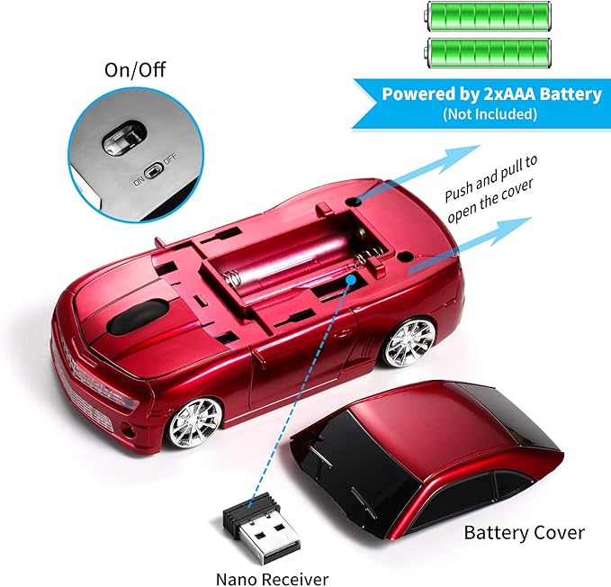 Wireless Car Mouse [Updated] with LED Headlights, 1600 DPI Sports Car Shaped Mouse for Mac, Computers, Red