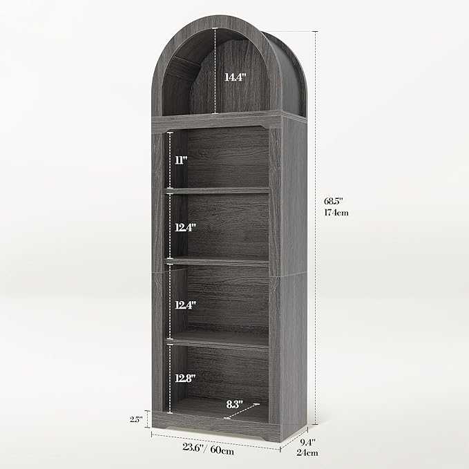 YITAHOME Arched Bookshelf, 68.5" Tall Bookcase, 5-Tier Arched Bookcase with Storage, Open Display Rack with Adjustable Shelves for Living Room and Home Office, Charcoal Gray
