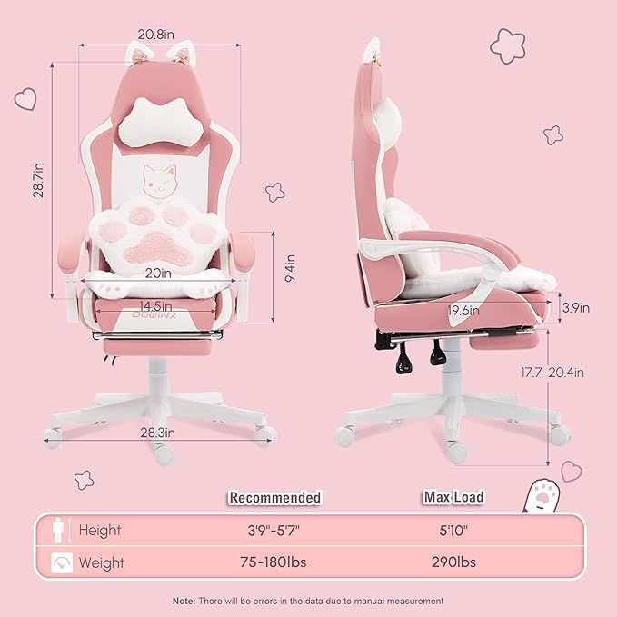 Dowinx Gaming Chair Cute with Cat Ears and Paw Lumbar, Ergonomic Computer Chair for Girl with Footrest and Headrest, Comfortable Reclining Game Chair 290lbs for Adult, Teen, Pink
