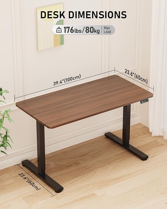40" Electric Standing Desk Adjustable Height, Sit Stand up Desk for Home Office & Computer Workstation, 2 Memory Height Settings, Splice Board, 2 Hooks, Black Frame/Walnut Top