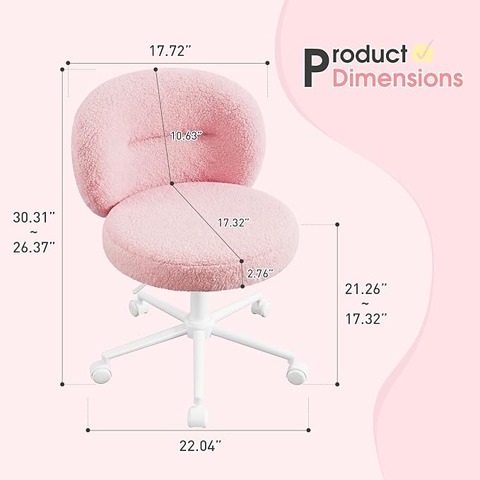 Homkdom Small Round Vanity Chair, Armless Home Office Desk Chairs with Back, Height Adjustable & 360° Swivel, Cute Comfy Vanity Computer Chair for Bedroom, Home Office, Pink